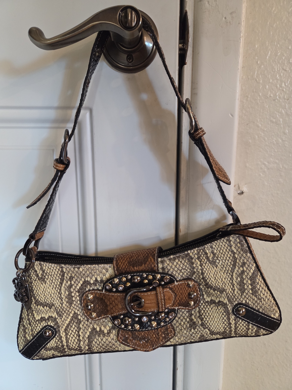 Vintage Guess Y2k Snakeskin-Print Shoulder Bag with Studded Buckle
